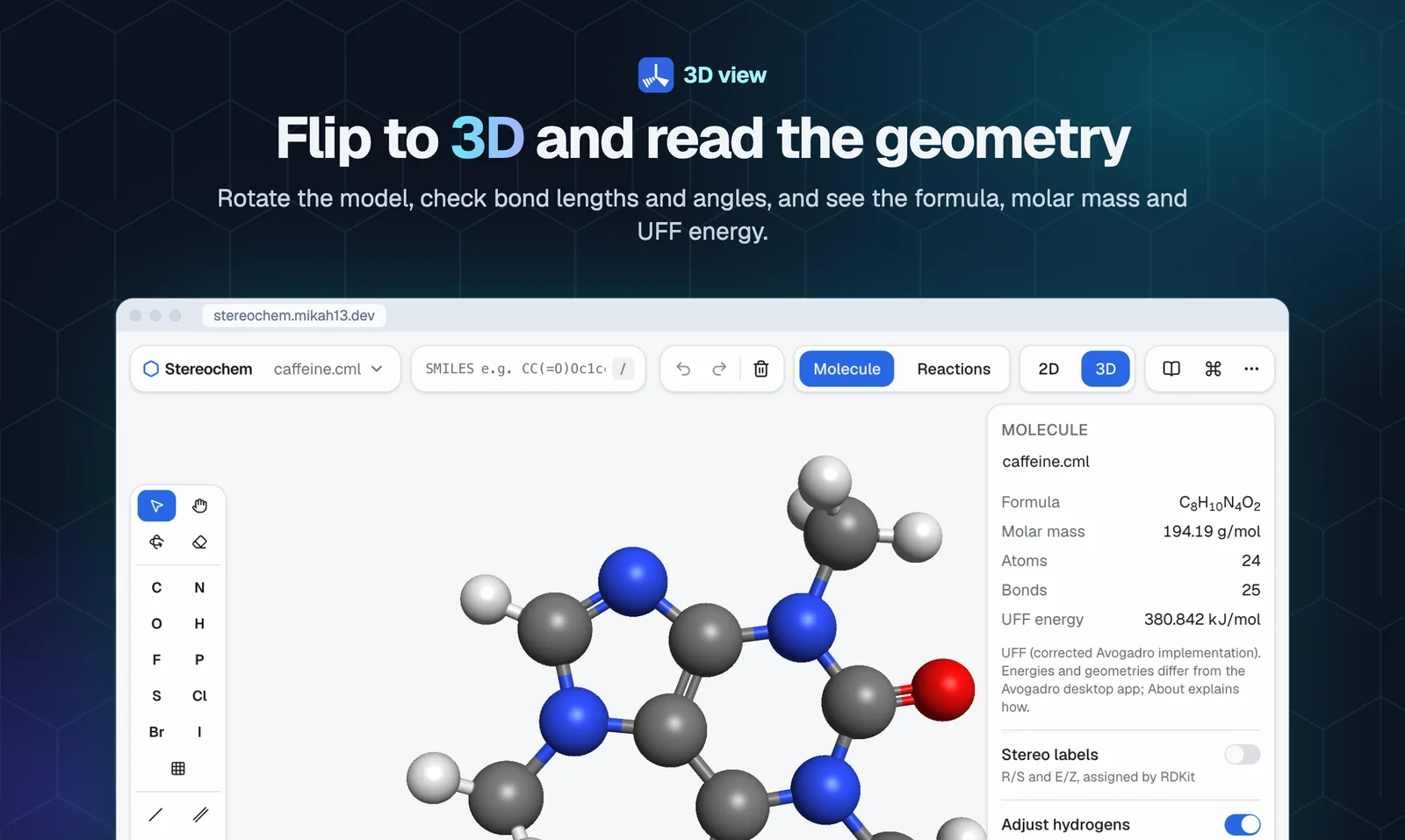 Caffeine in the 3D viewer, with molecular properties and UFF energy in the inspector